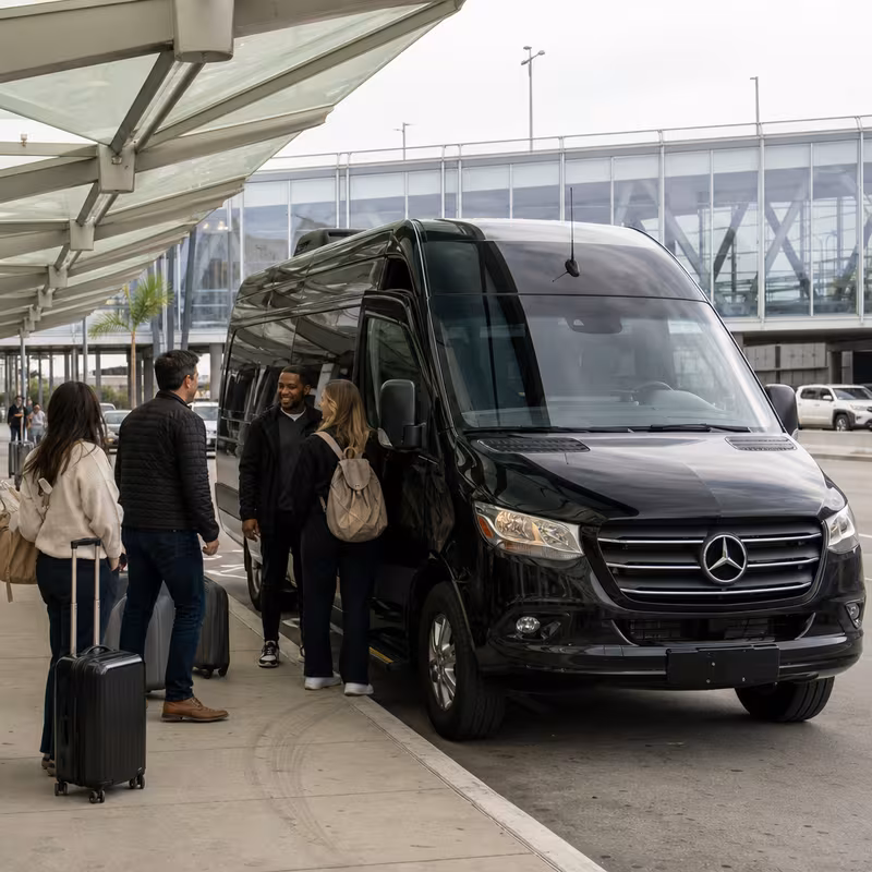 Group boarding a white charter bus for Airport Transportation transportation in Freemont