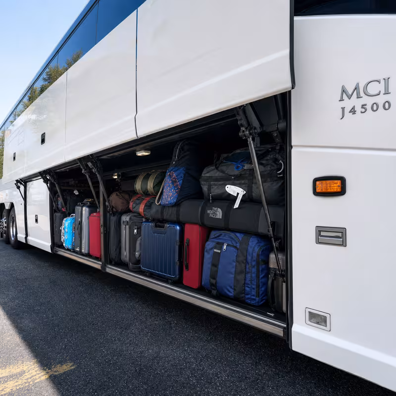 Party bus interior with wraparound leather seating and LED lighting in Freemont
