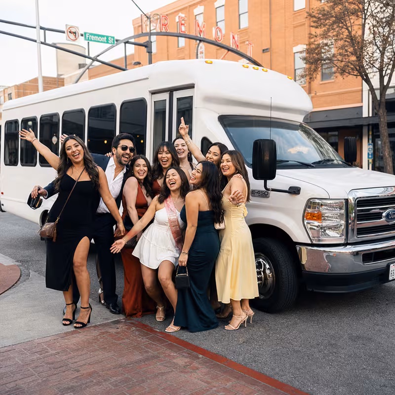 Black Mercedes Sprinter van staged for an Freemont Bachelor & Bachelorette Transportation group