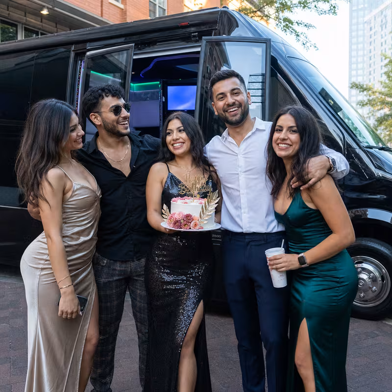 Party bus interior with wraparound leather seating and LED lighting in Freemont