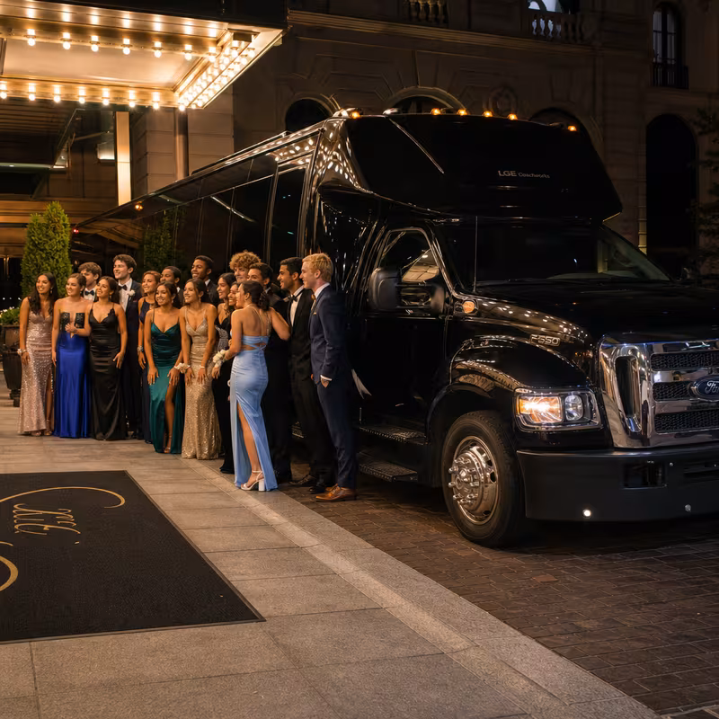 Party bus interior with wraparound leather seating and LED lighting in Freemont