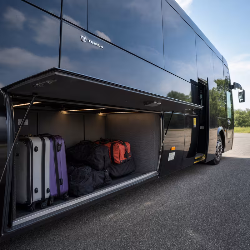Party bus interior with wraparound leather seating and LED lighting in Freemont